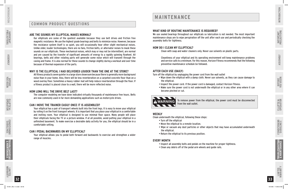 Maintenance, Common product questions, Warning | Horizon Fitness PRIMIER E1201 User Manual | Page 17 / 19