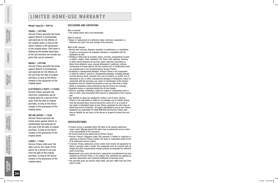 Limited home-use warranty | Horizon Fitness PRIMIER E1201 User Manual | Page 18 / 19