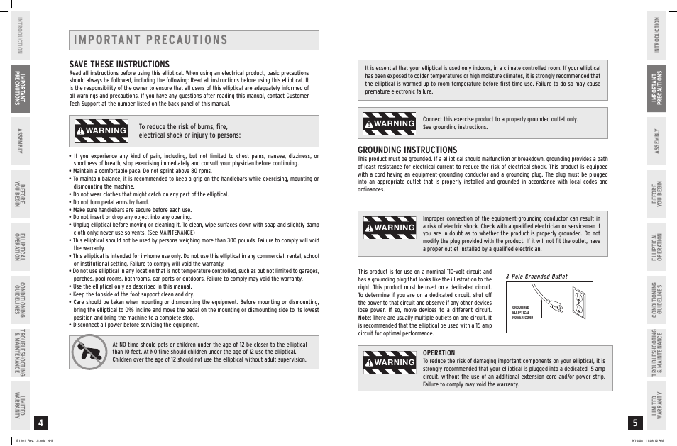 Important precautions, Save these instructions, Grounding instructions | Warning | Horizon Fitness PRIMIER E1201 User Manual | Page 3 / 19