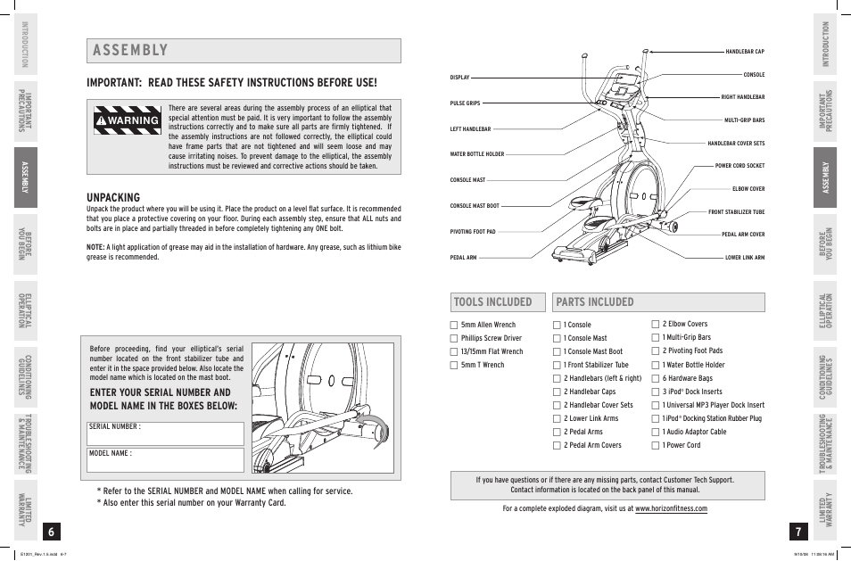 Assembly, Tools included parts included, Warning | Horizon Fitness PRIMIER E1201 User Manual | Page 4 / 19