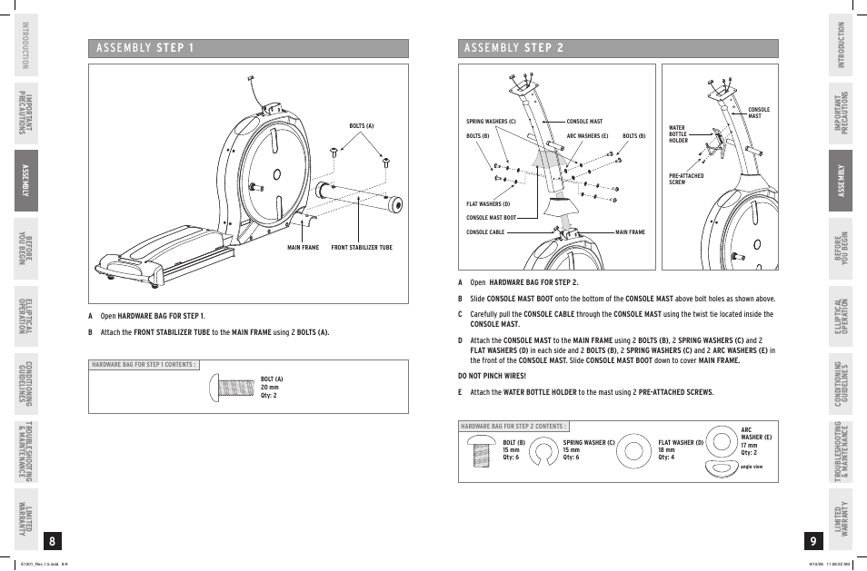 Assembly step 1, Assembly step 2 | Horizon Fitness PRIMIER E1201 User Manual | Page 5 / 19