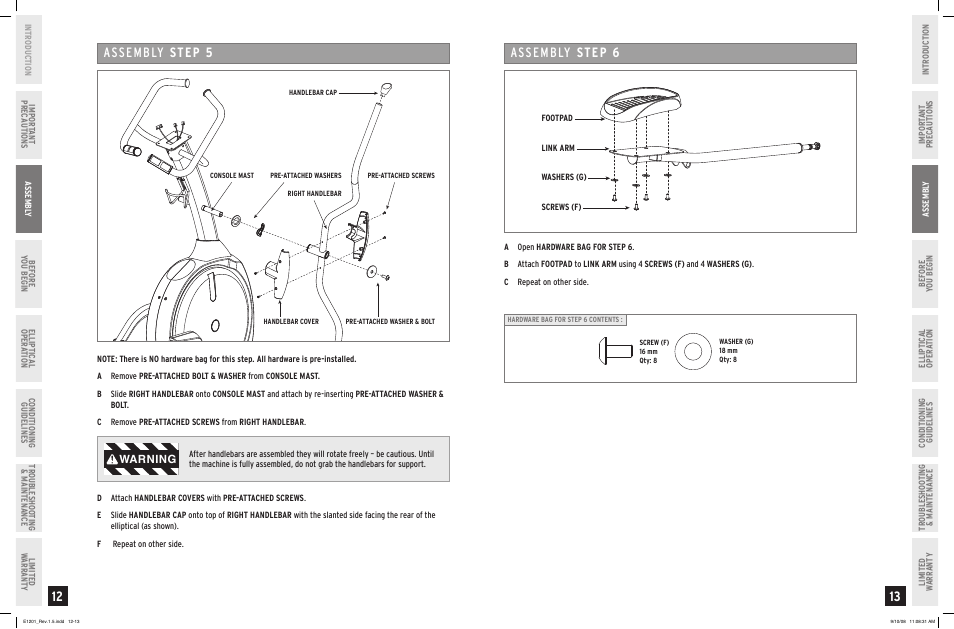Assembly step, Warning | Horizon Fitness PRIMIER E1201 User Manual | Page 7 / 19