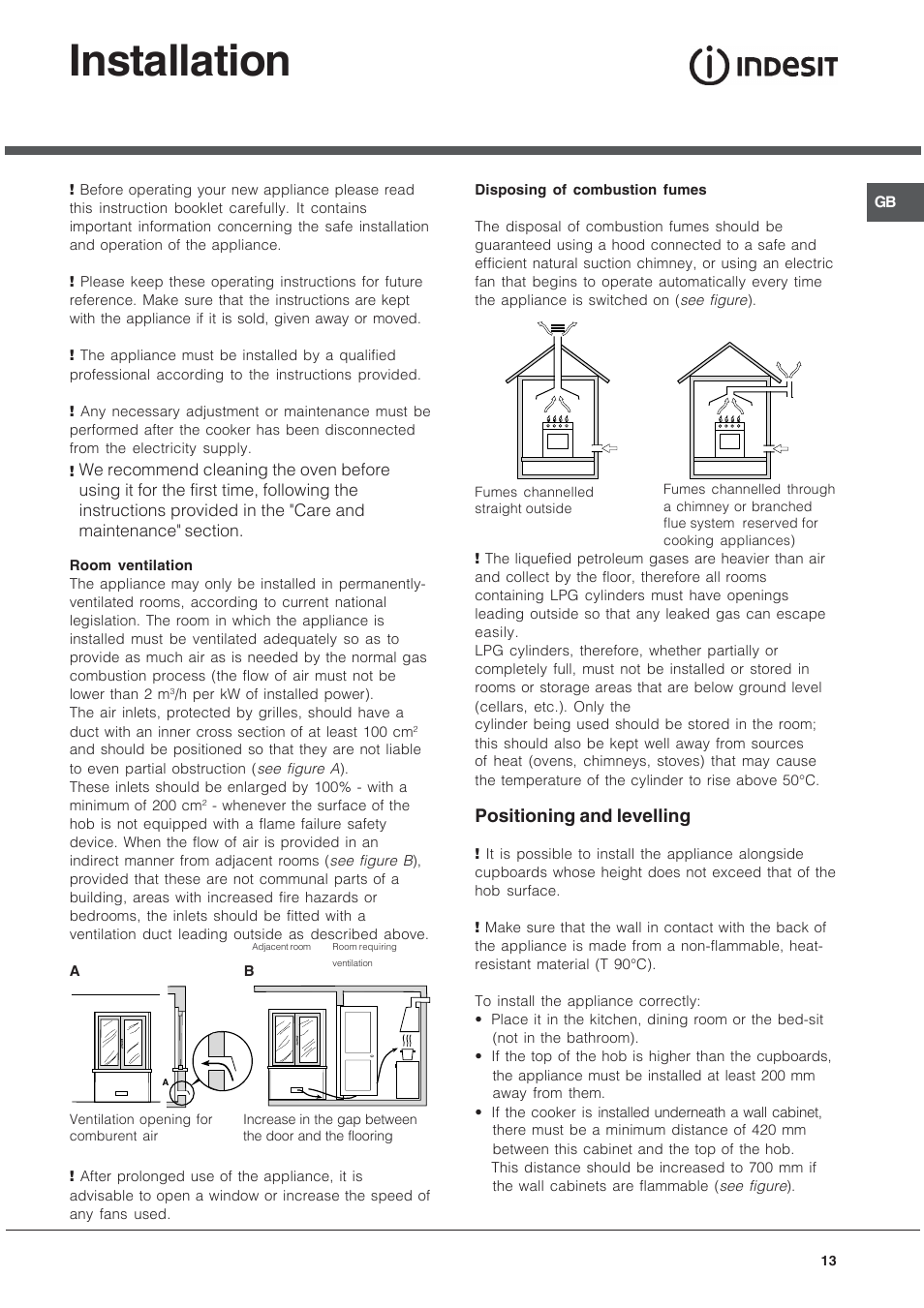 Installation, Positioning and levelling | Indesit KJ3G2 User Manual | Page 13 / 44