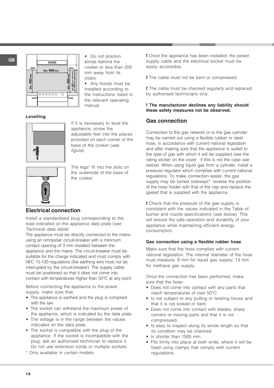 Electrical connection, Gas connection | Indesit KJ3G2 User Manual | Page 14 / 44