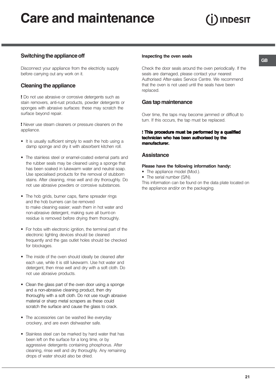 Care and maintenance | Indesit KJ3G2 User Manual | Page 21 / 44