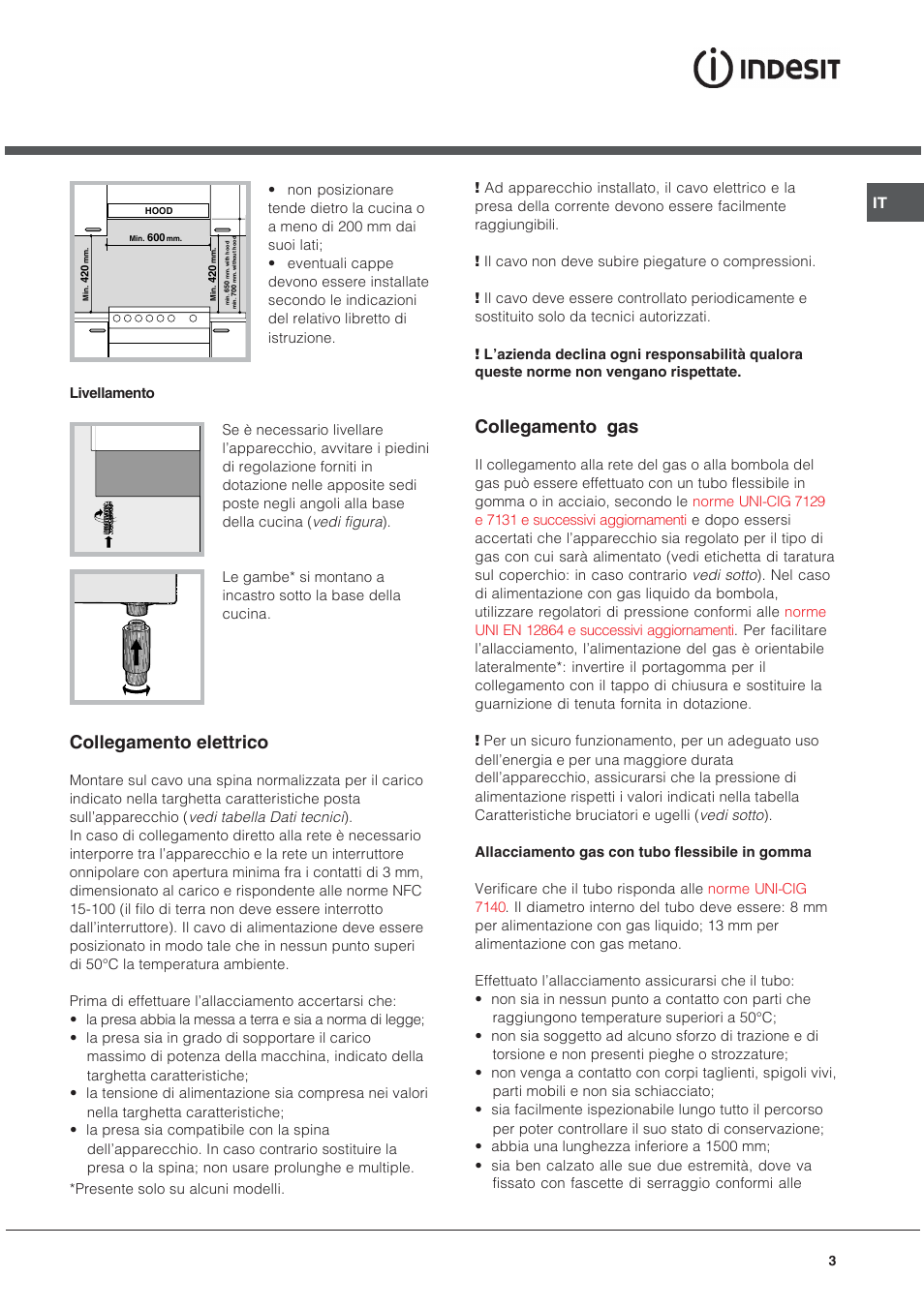 Collegamento elettrico, Collegamento gas | Indesit KJ3G2 User Manual | Page 3 / 44