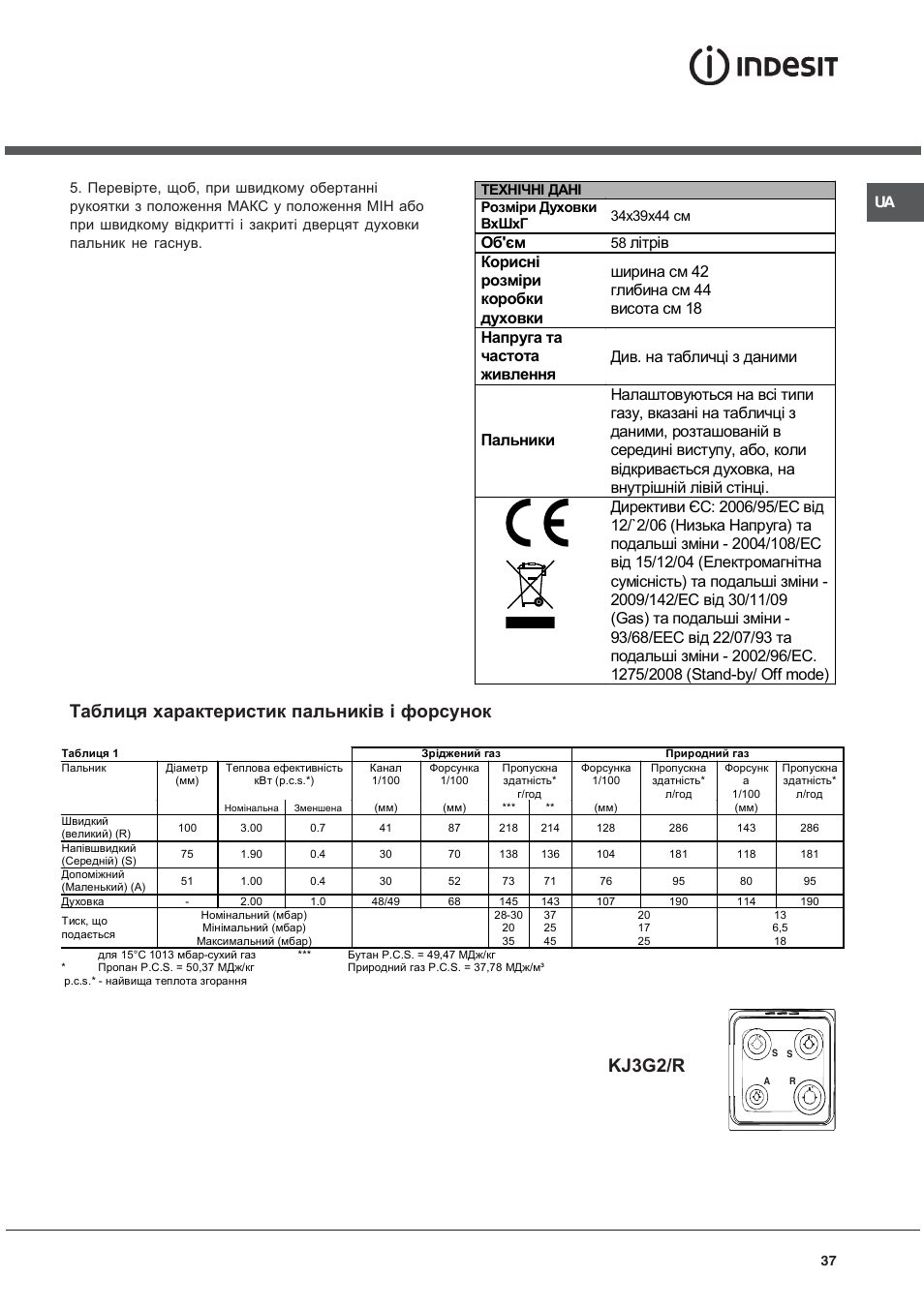 Таблиця характеристик пальників і форсунок, Kj3g2/r, Об'єм | Літрiв, Корисні розміри коробки духовки, Ширина см 42, Глибина см 44, Висота см 18, Напруга та частота живлення, Див. на табличці з даними | Indesit KJ3G2 User Manual | Page 37 / 44