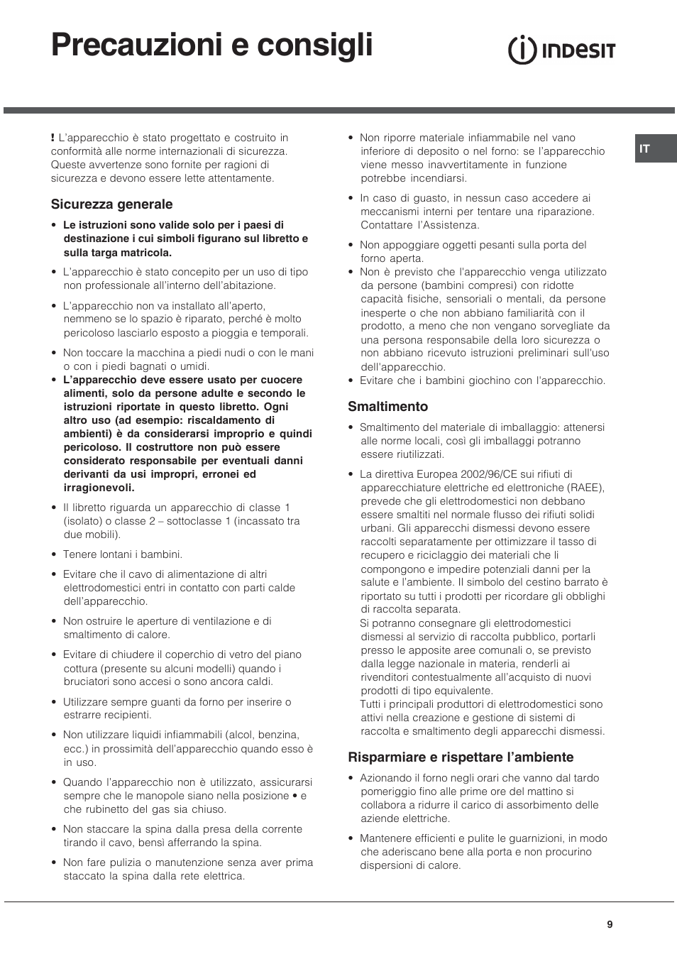Precauzioni e consigli | Indesit KJ3G2 User Manual | Page 9 / 44