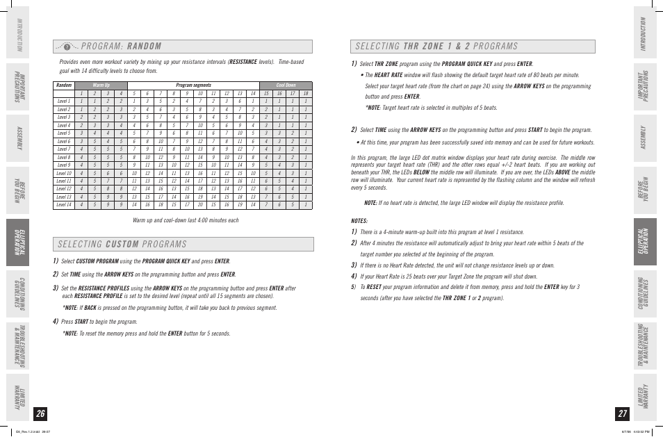Program: random, Selecting custom programs, Selecting thr zone 1 & 2 programs | Horizon Fitness ELITE SERIES AFG ELLIPTICAL E6 User Manual | Page 14 / 23