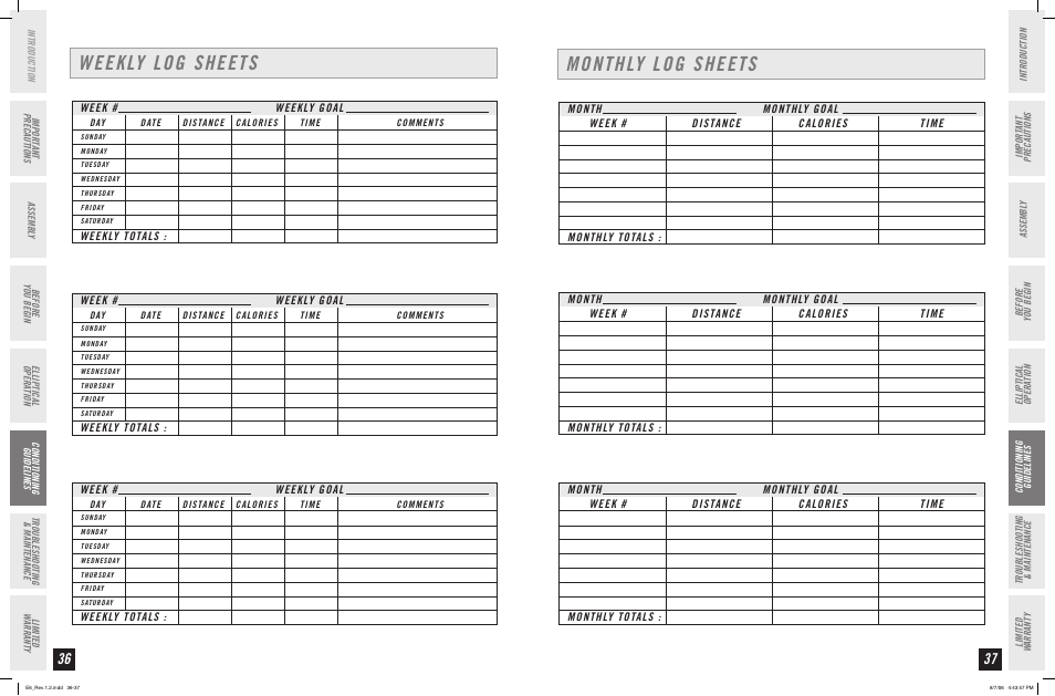 Weekly log sheets monthly log sheets | Horizon Fitness ELITE SERIES AFG ELLIPTICAL E6 User Manual | Page 19 / 23