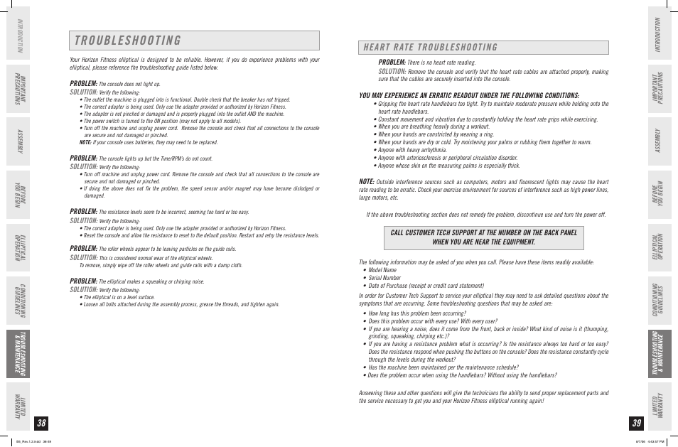 Troubleshooting, Heart rate troubleshooting | Horizon Fitness ELITE SERIES AFG ELLIPTICAL E6 User Manual | Page 20 / 23