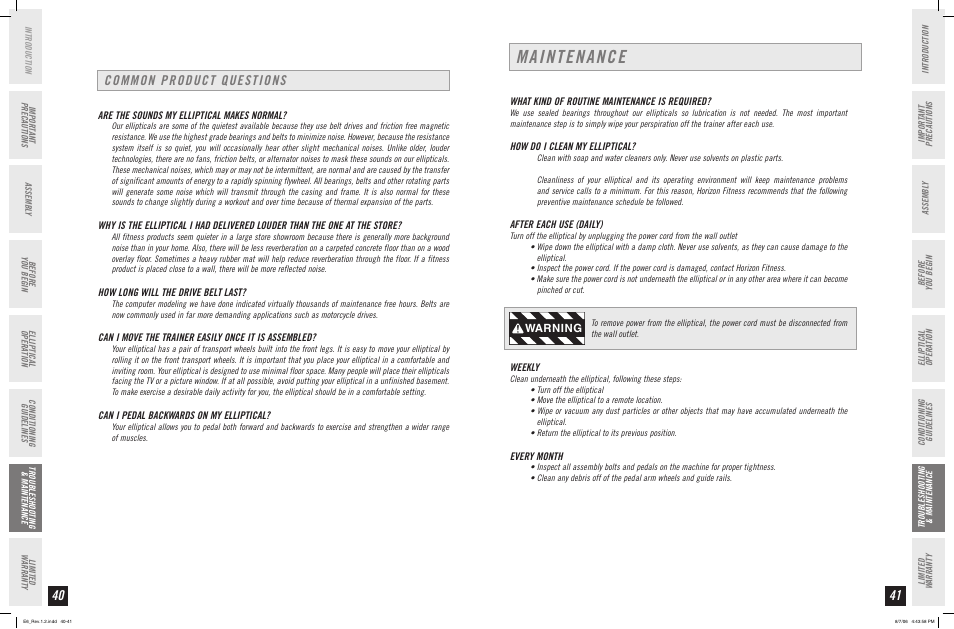 Maintenance, Common product questions, Warning | Horizon Fitness ELITE SERIES AFG ELLIPTICAL E6 User Manual | Page 21 / 23