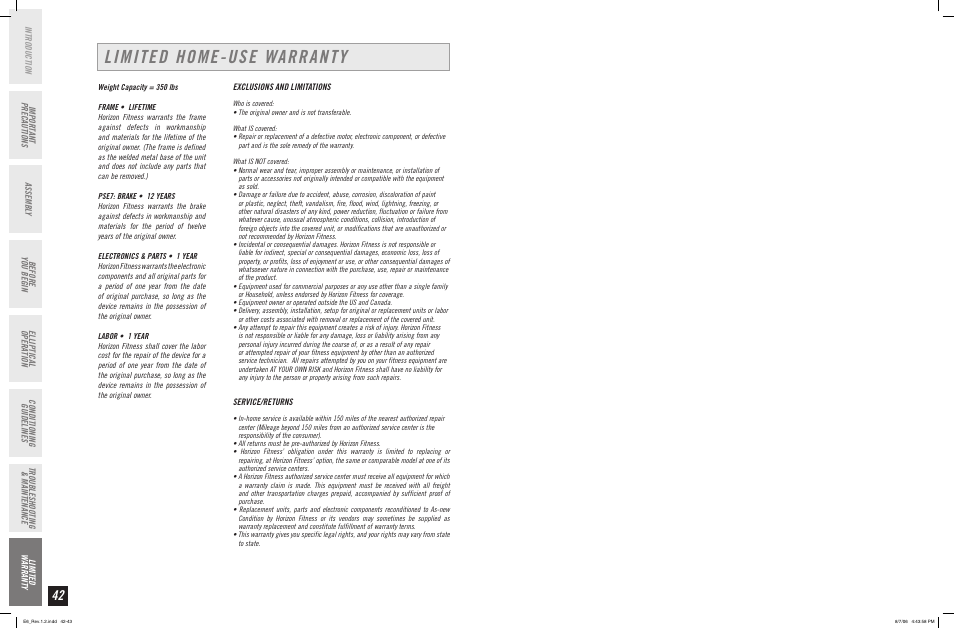 Limited home-use warranty | Horizon Fitness ELITE SERIES AFG ELLIPTICAL E6 User Manual | Page 22 / 23