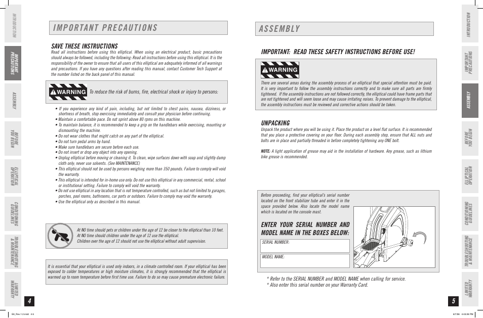Important precautions, Assembly, Save these instructions | Unpacking, Warning | Horizon Fitness ELITE SERIES AFG ELLIPTICAL E6 User Manual | Page 3 / 23
