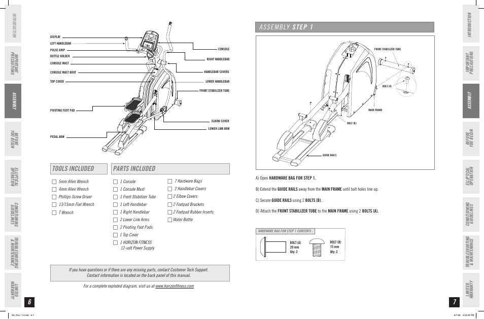 Tools included parts included, Assembly step 1 | Horizon Fitness ELITE SERIES AFG ELLIPTICAL E6 User Manual | Page 4 / 23
