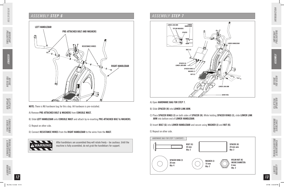 Assembly step, Assembly step 6, Warning | Horizon Fitness ELITE SERIES AFG ELLIPTICAL E6 User Manual | Page 7 / 23