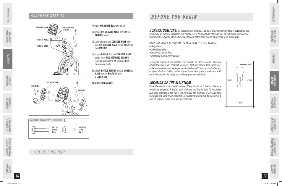 Before you begin, Assembly step 10, You’re finished | Location of the elliptical | Horizon Fitness ELITE SERIES AFG ELLIPTICAL E6 User Manual | Page 9 / 23