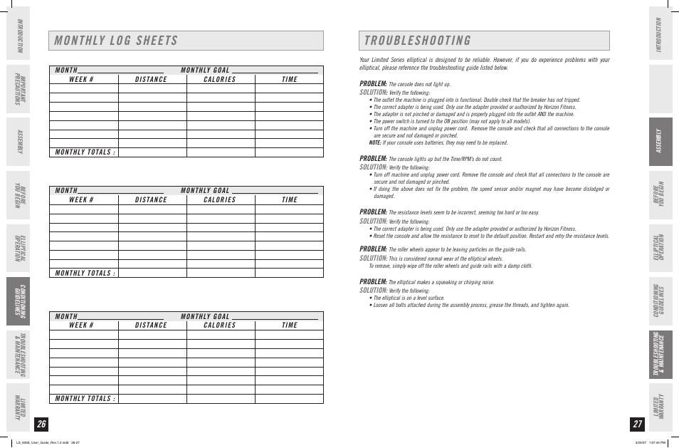 Monthly log sheets, Troubleshooting | Horizon Fitness LS 635E User Manual | Page 14 / 17