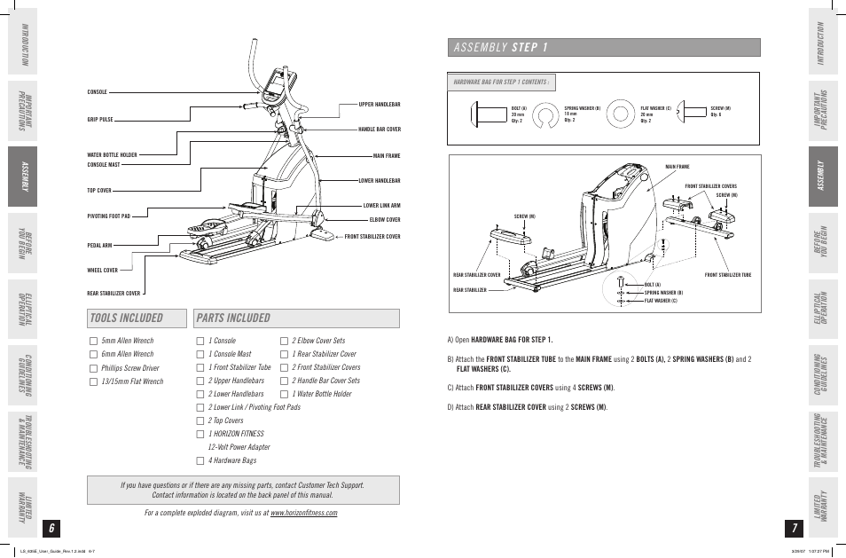 Assembly step 1, Tools included parts included | Horizon Fitness LS 635E User Manual | Page 4 / 17