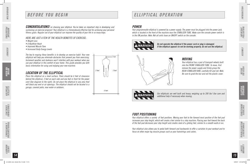 Elliptical operation before you begin, Power, Moving | Foot positioning, Location of the elliptical | Horizon Fitness LS 635E User Manual | Page 8 / 17