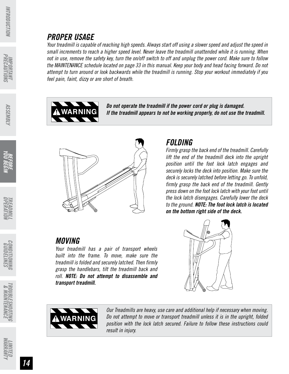 Proper usage, Folding, Moving | Warning | Horizon Fitness HORIZON T82 User Manual | Page 14 / 36