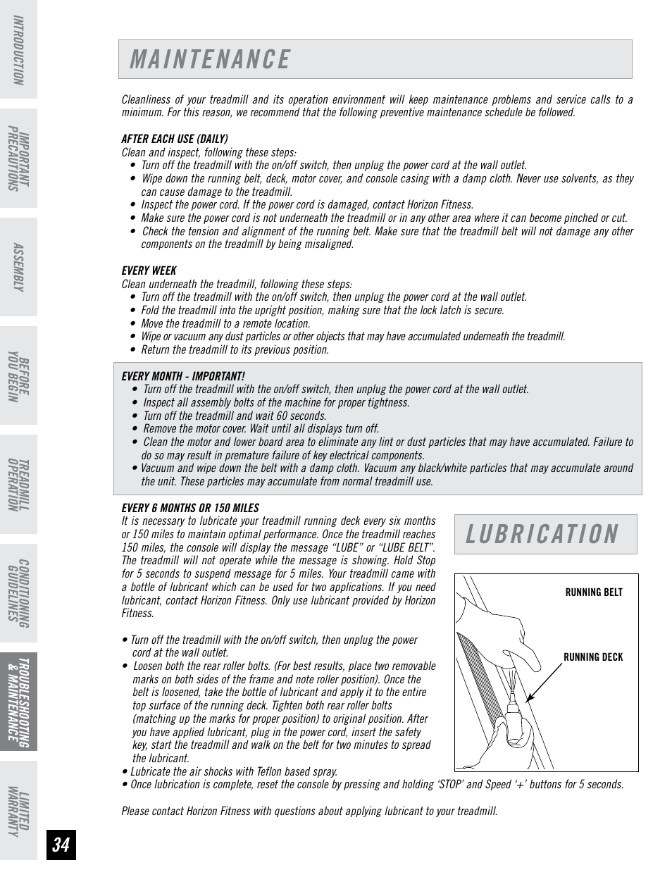 Maintenance, Lubrication | Horizon Fitness HORIZON T82 User Manual | Page 34 / 36