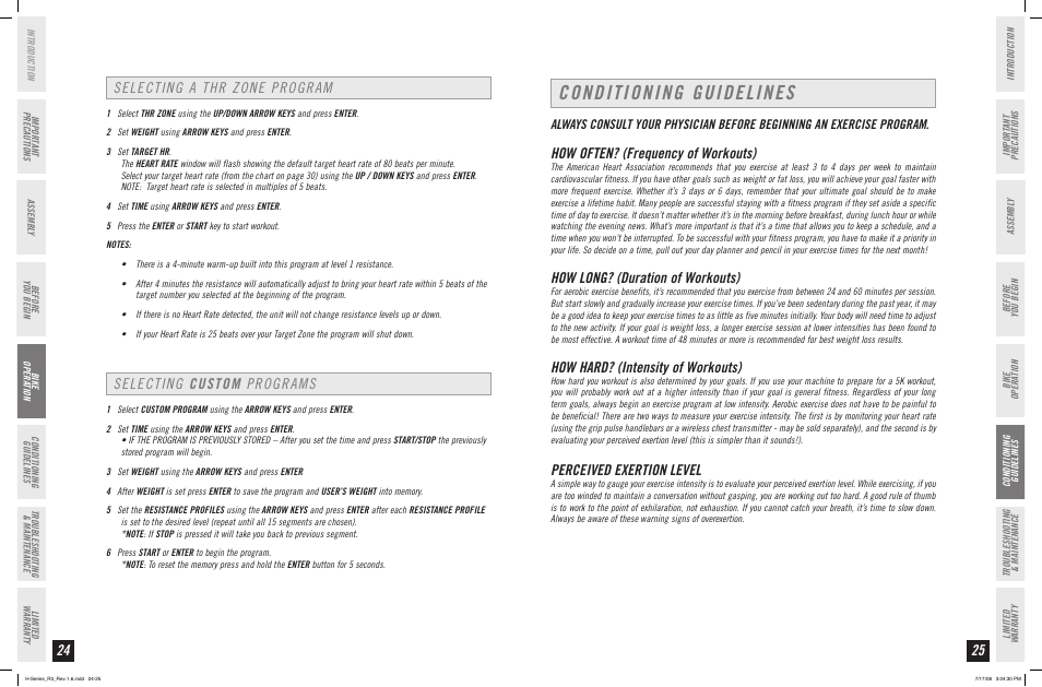 Conditioning guidelines, Selecting custom programs, Selecting a thr zone program | How often? (frequency of workouts), How long? (duration of workouts), How hard? (intensity of workouts), Perceived exertion level | Horizon Fitness R3 User Manual | Page 13 / 19