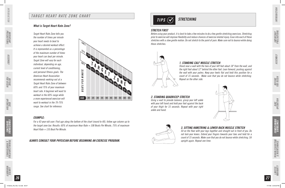Tips, Stretching, Target heart rate zone chart | Horizon Fitness R3 User Manual | Page 14 / 19