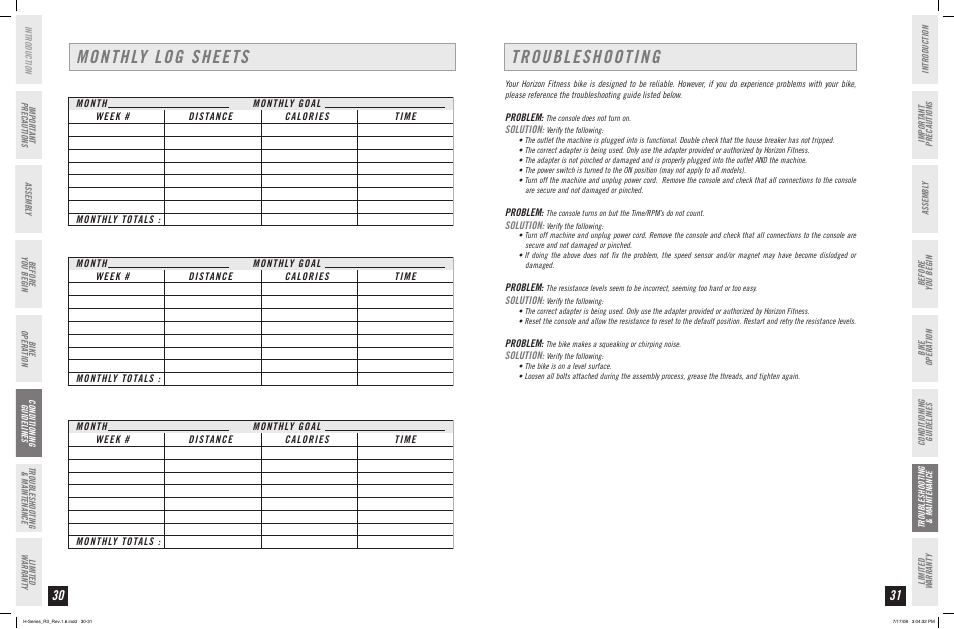 Troubleshooting monthly log sheets | Horizon Fitness R3 User Manual | Page 16 / 19