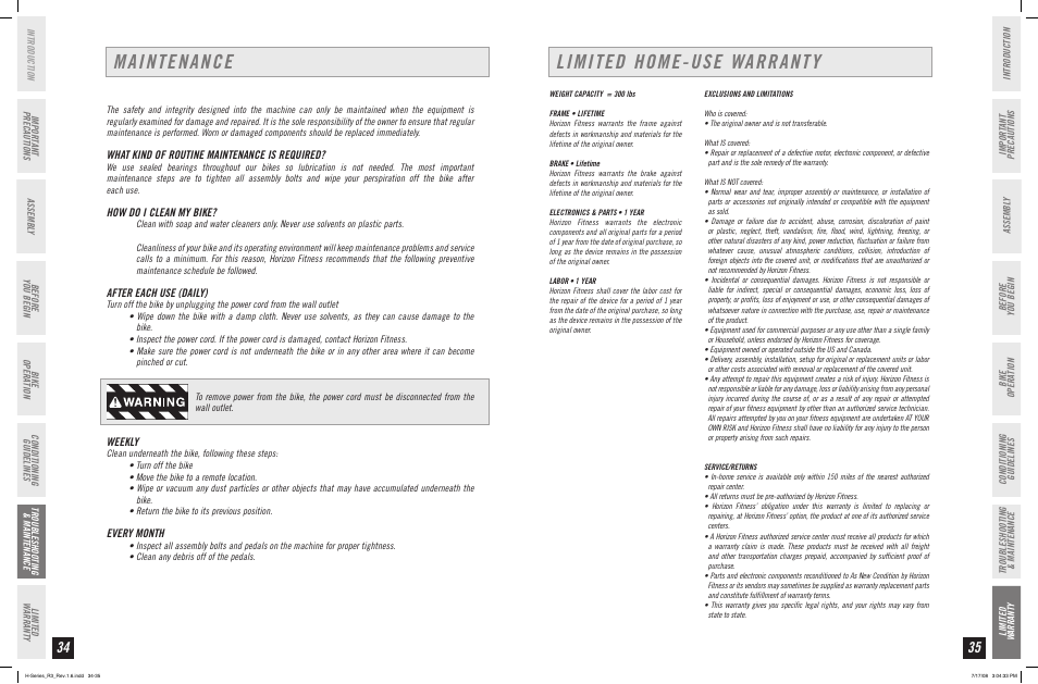 Maintenance, Limited home-use warranty, What kind of routine maintenance is required | How do i clean my bike, After each use (daily), Weekly, Every month | Horizon Fitness R3 User Manual | Page 18 / 19