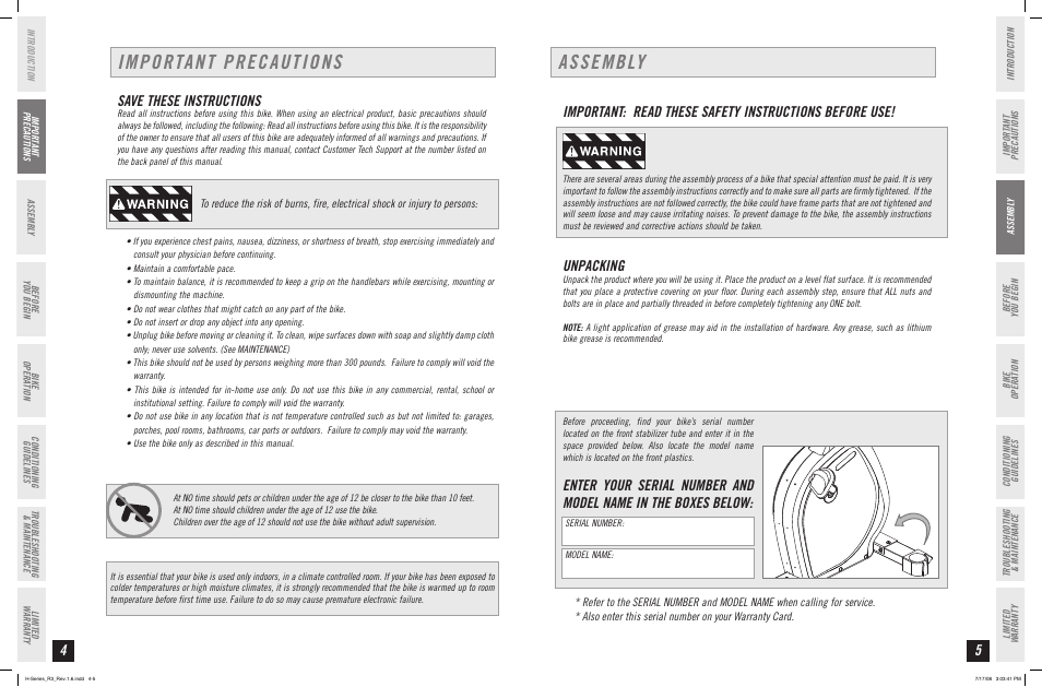 Important precautions, Assembly, Save these instructions | Unpacking | Horizon Fitness R3 User Manual | Page 3 / 19