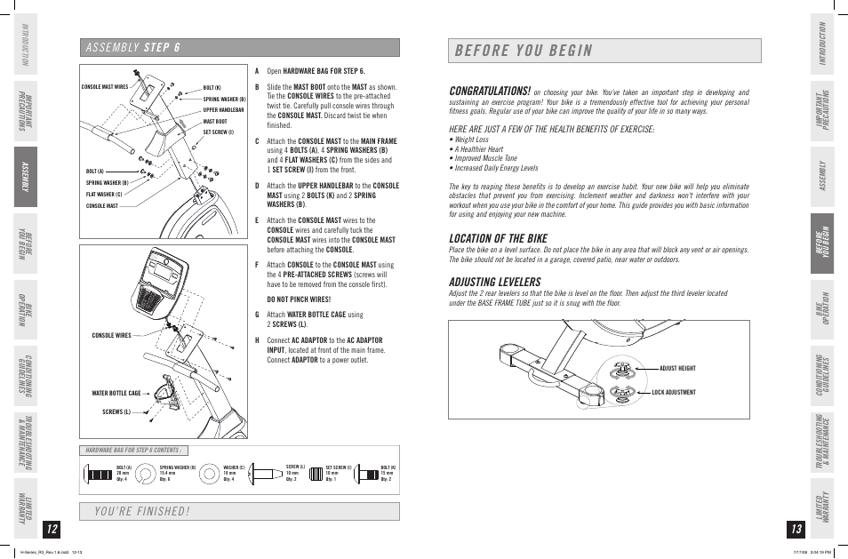 Before you begin, Assembly step  you’re finished, Location of the bike | Adjusting levelers | Horizon Fitness R3 User Manual | Page 7 / 19