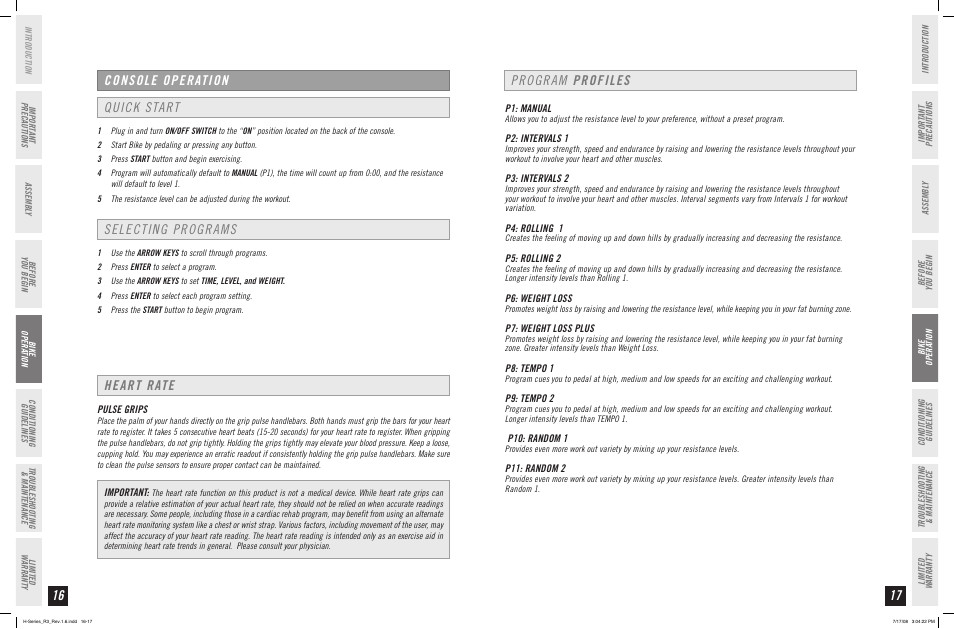 Quick start selecting programs console operation, Program profiles, Heart rate | Horizon Fitness R3 User Manual | Page 9 / 19