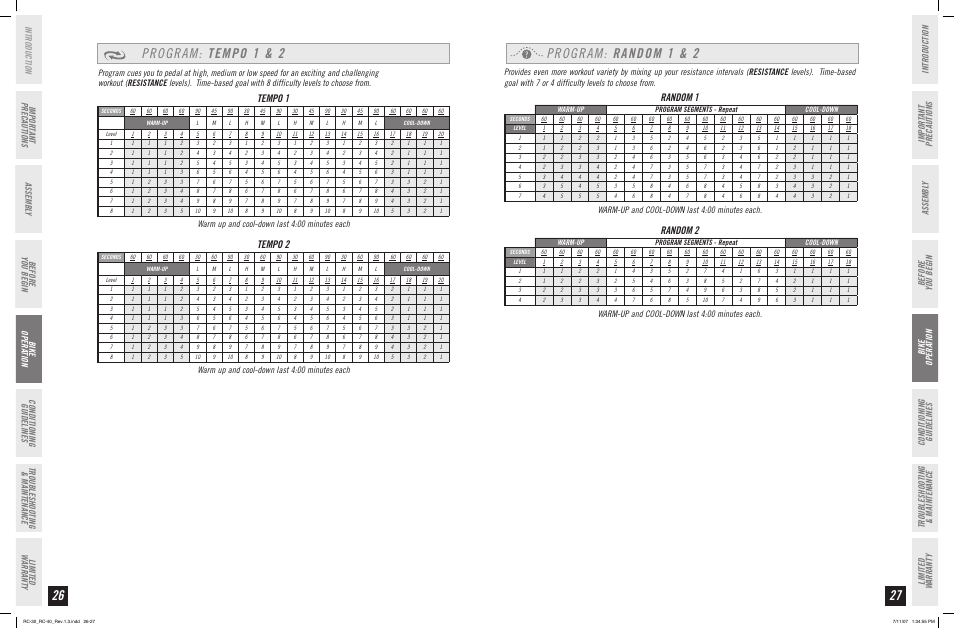 Program: tempo 1 & 2, Program: random 1 & 2, Tempo 1 | Tempo 2, Random 1, Random 2, Before you begin, Warm up and cool-down last 4:00 minutes each, Warm-up and cool-down last 4:00 minutes each | Horizon Fitness RC-30 User Manual | Page 14 / 21