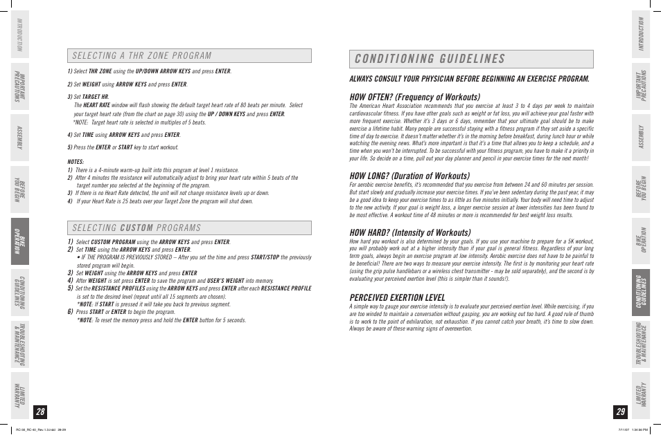 Conditioning guidelines, Selecting custom programs, Selecting a thr zone program | How often? (frequency of workouts), How long? (duration of workouts), How hard? (intensity of workouts), Perceived exertion level | Horizon Fitness RC-30 User Manual | Page 15 / 21