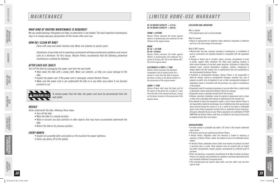 Maintenance, Limited home-use warranty, What kind of routine maintenance is required | How do i clean my bike, After each use (daily), Weekly, Every month | Horizon Fitness RC-30 User Manual | Page 20 / 21