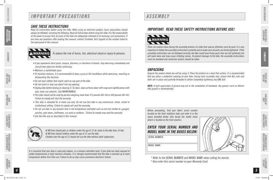 Important precautions, Assembly, Save these instructions | Unpacking | Horizon Fitness RC-30 User Manual | Page 3 / 21