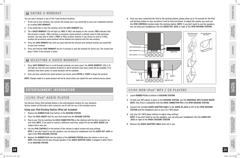 Saving a workout entertainment information, Using ipod, Audio player | Using non-ipod, Mp / cd players, Selecting a saved workout | Horizon Fitness E1201 User Manual | Page 13 / 19