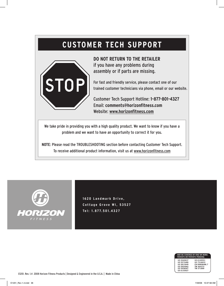 Customer tech support | Horizon Fitness E1201 User Manual | Page 19 / 19