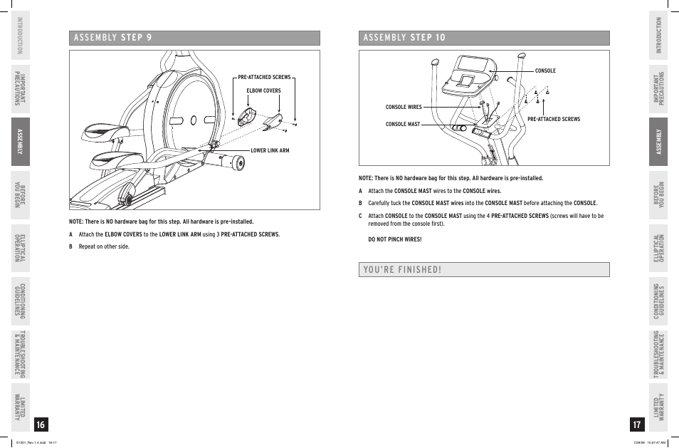 Assembly step, Assembly step 10, You’re finished | Horizon Fitness E1201 User Manual | Page 9 / 19