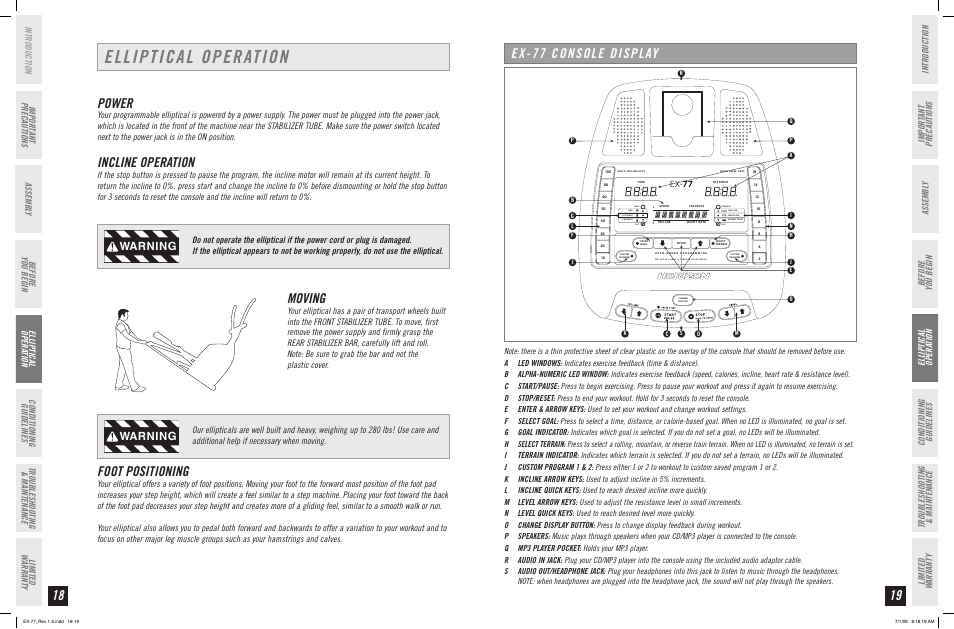 Elliptical operation, Power, Incline operation | Moving, Foot positioning, Ex-77 console display, Warning, Before you begin, Ex- 77 | Horizon Fitness HORIZON EX-77 User Manual | Page 10 / 19