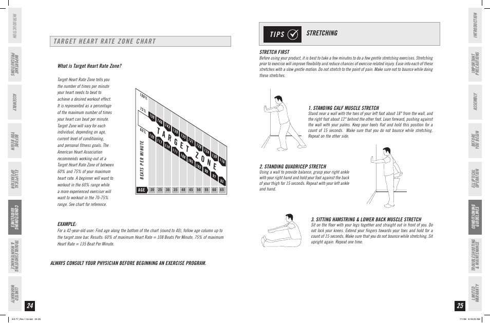 Target heart rate zone chart, Stretching | Horizon Fitness HORIZON EX-77 User Manual | Page 13 / 19