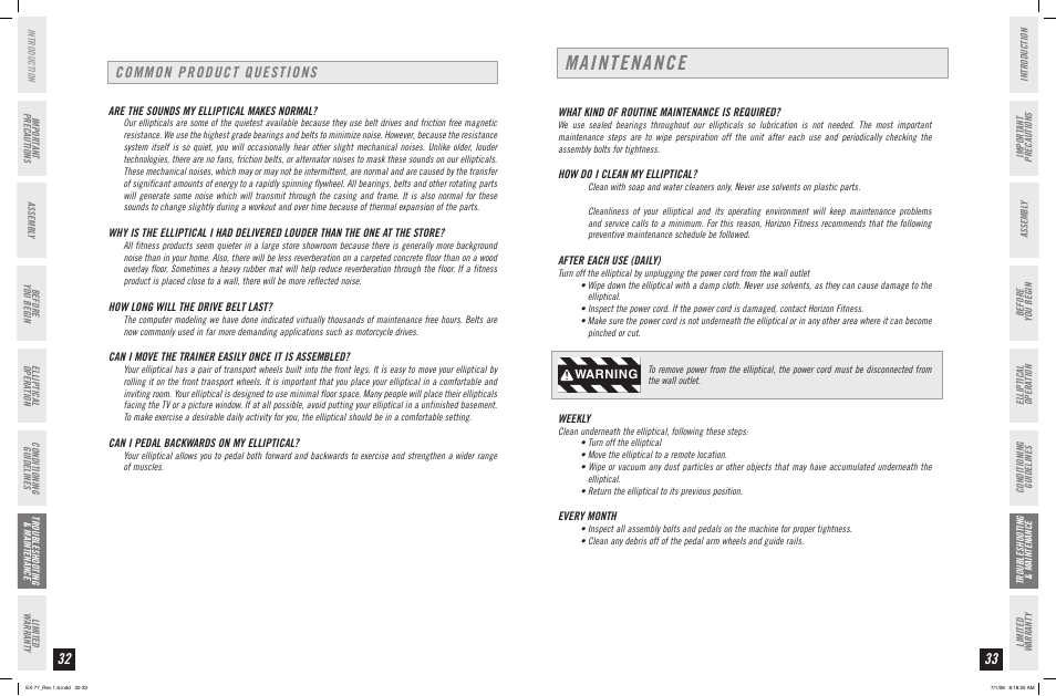 Maintenance, Common product questions, Warning | Horizon Fitness HORIZON EX-77 User Manual | Page 17 / 19