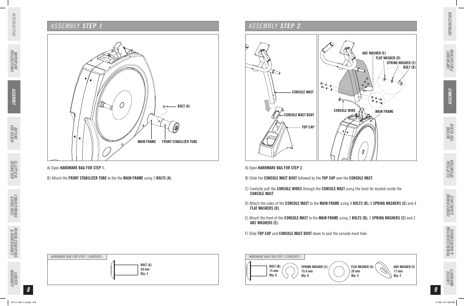 Assembly step 2, Assembly step 1 | Horizon Fitness HORIZON EX-77 User Manual | Page 5 / 19