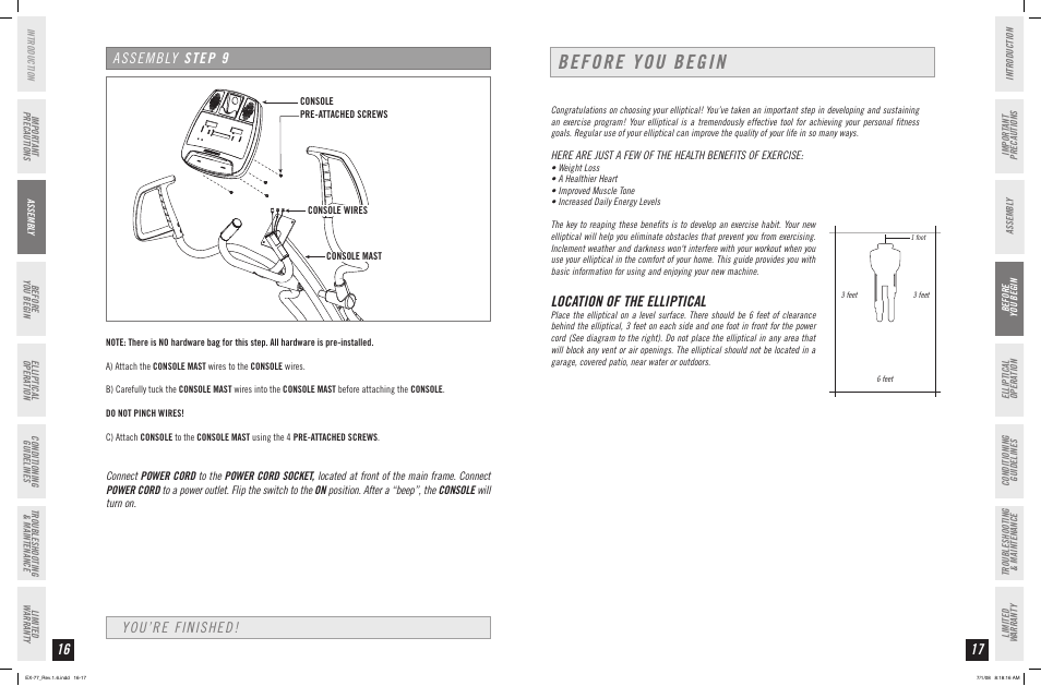 Before you begin, Assembly step, You’re finished | Location of the elliptical | Horizon Fitness HORIZON EX-77 User Manual | Page 9 / 19