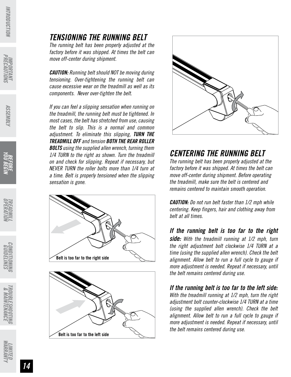 Centering the running belt, Tensioning the running belt | Horizon Fitness RCT7.6 User Manual | Page 14 / 32