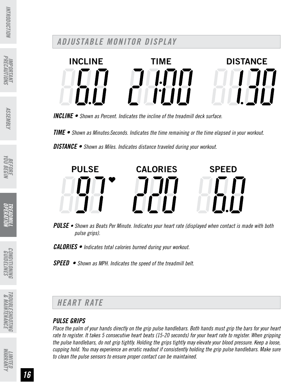 Adjustable monitor display, Heart rate, Time distance pulse incline speed calories | Horizon Fitness RCT7.6 User Manual | Page 16 / 32