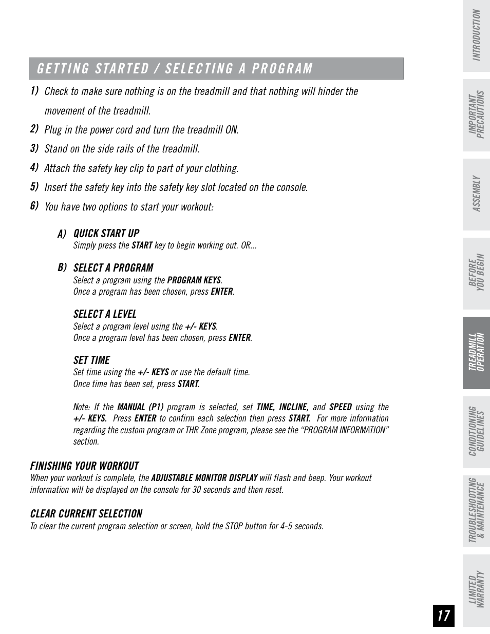 Getting started / selecting a program | Horizon Fitness RCT7.6 User Manual | Page 17 / 32