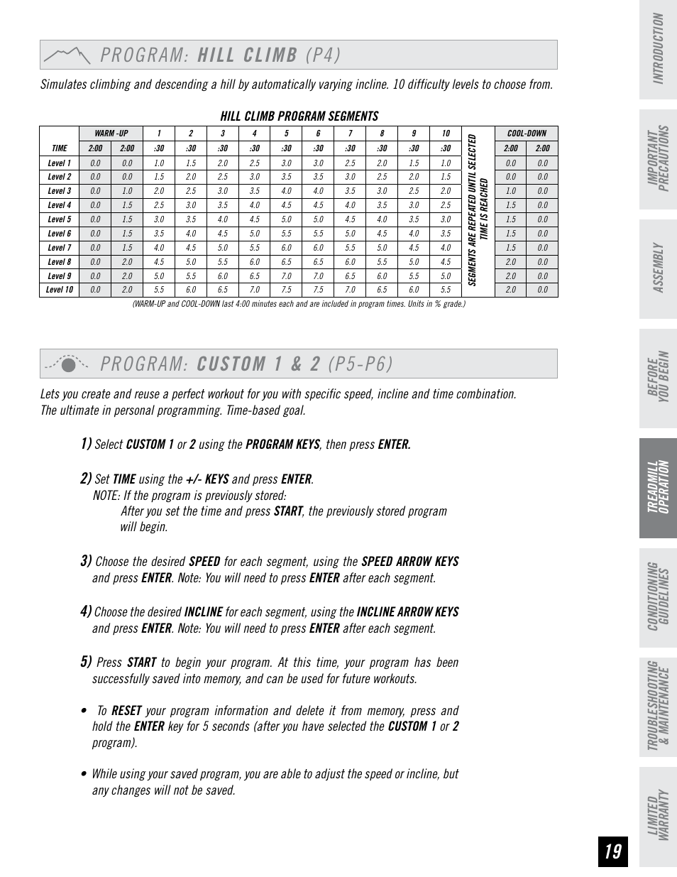 Program: hill climb (p4), Program: custom 1 & 2 (p5-p6) | Horizon Fitness RCT7.6 User Manual | Page 19 / 32