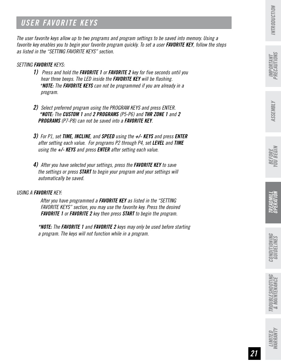 User favorite keys | Horizon Fitness RCT7.6 User Manual | Page 21 / 32